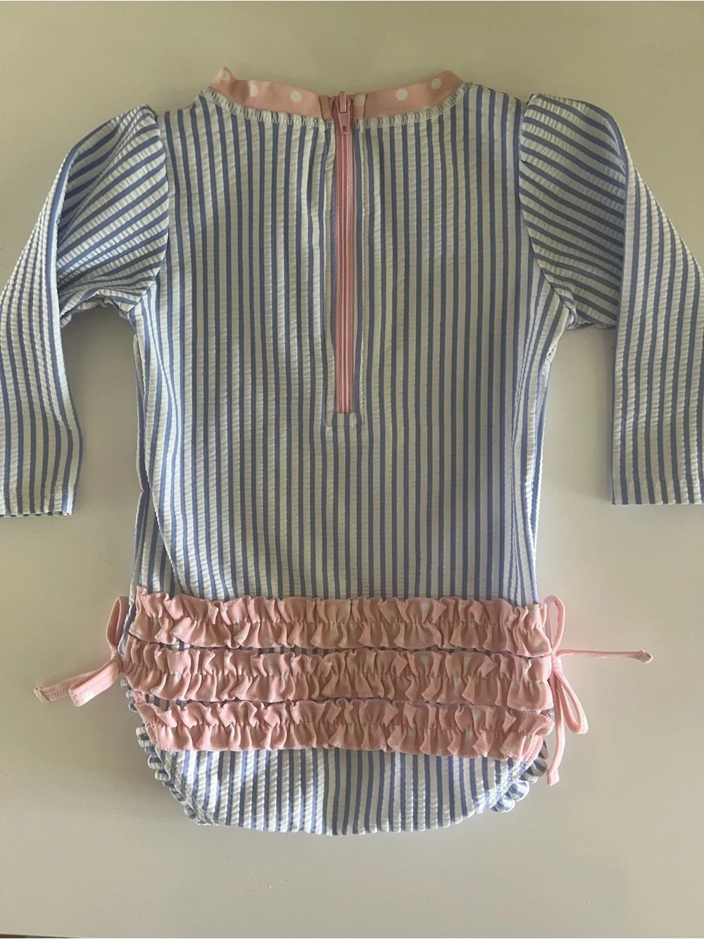 Ruffle Butts Blue and White Stripe Long-Sleeve One-Piece with Pink Trim 6-12m